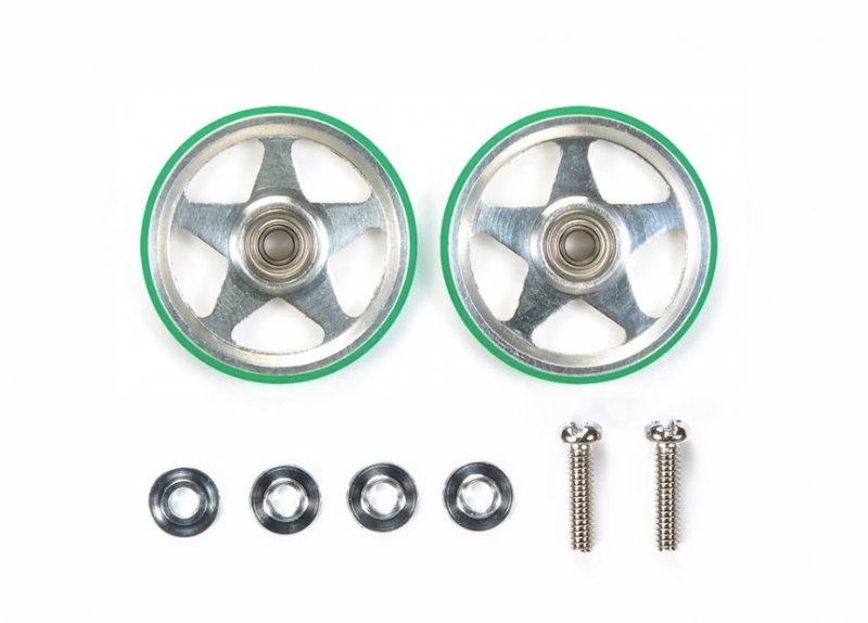 Tamiya 95493 - 19mm Aluminum Rollers (5 Spokes) w/Plastic Rings (Green)