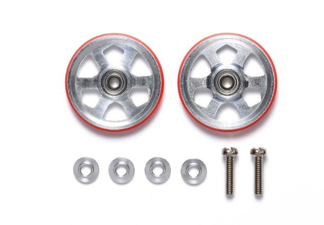 Tamiya 95513 - Aluminum Ball-Race Rollers (19mm, 6-Spokes) With Plastic Rings (Red)